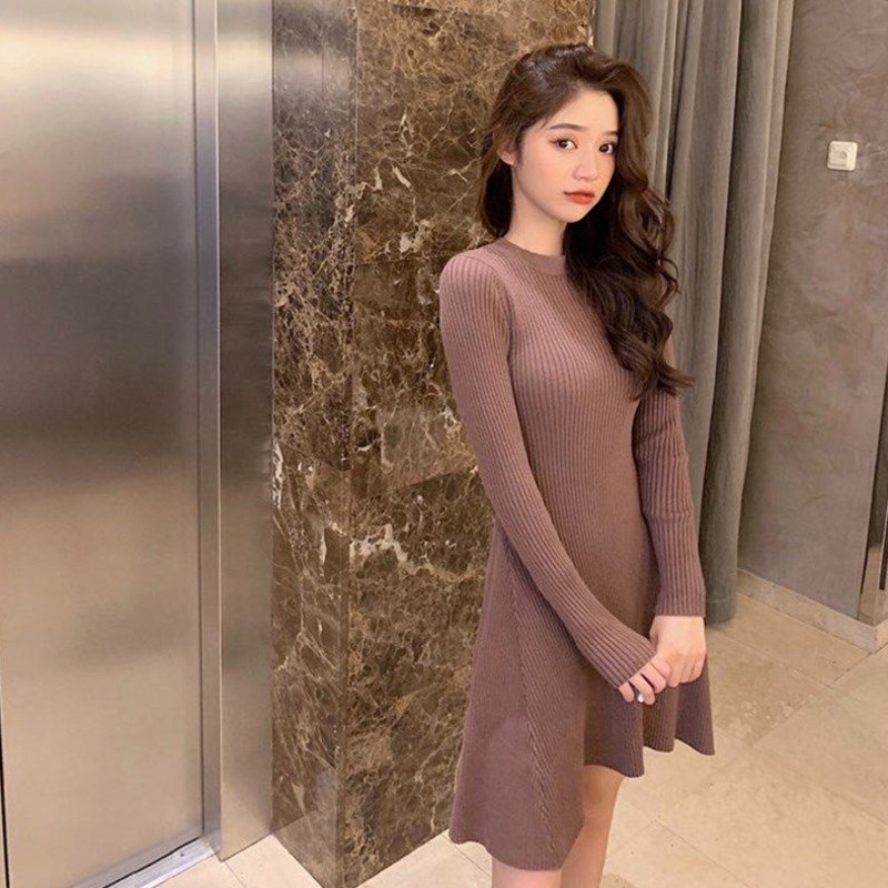 Đầm Sweater Dệt Kim Cổ Tròn Thiết Kế Thanh Lịch Cho Nữ