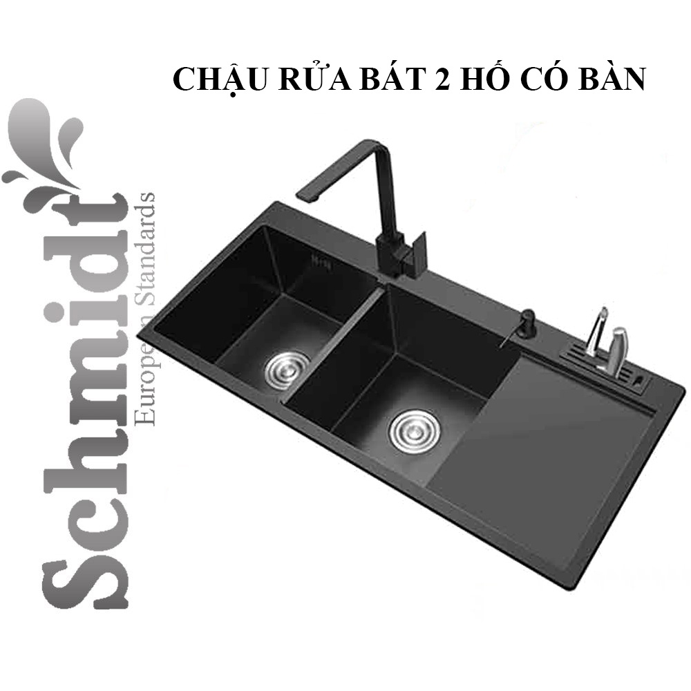 Chậu rửa chén bát hai hố có bàn Schmidt phủ nano đen, bồn rửa bát nhập khẩu nguyên chiếc-Hàng chính hãng