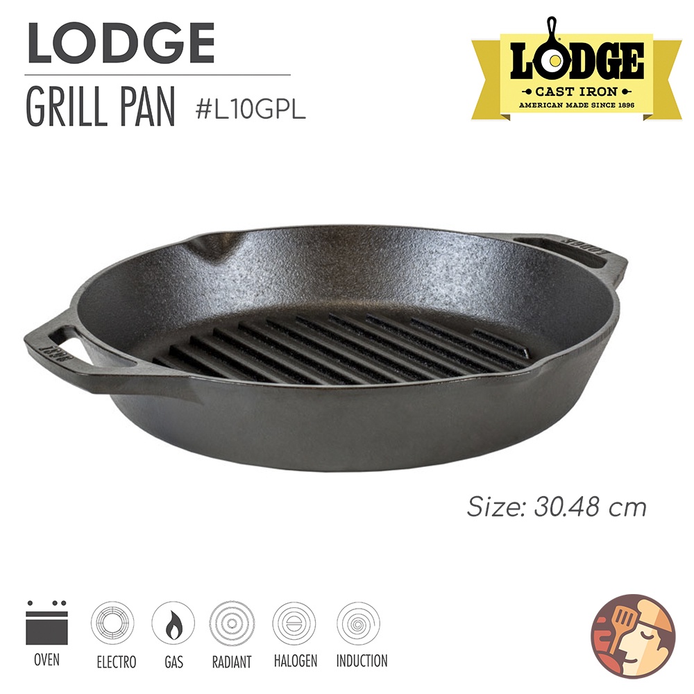 Chảo gang nướng Lodge hai tay cầm có rãnh tròn 30.48 cm, chống dính tự nhiên, dùng được cho mọi loại bếp và lò nướng