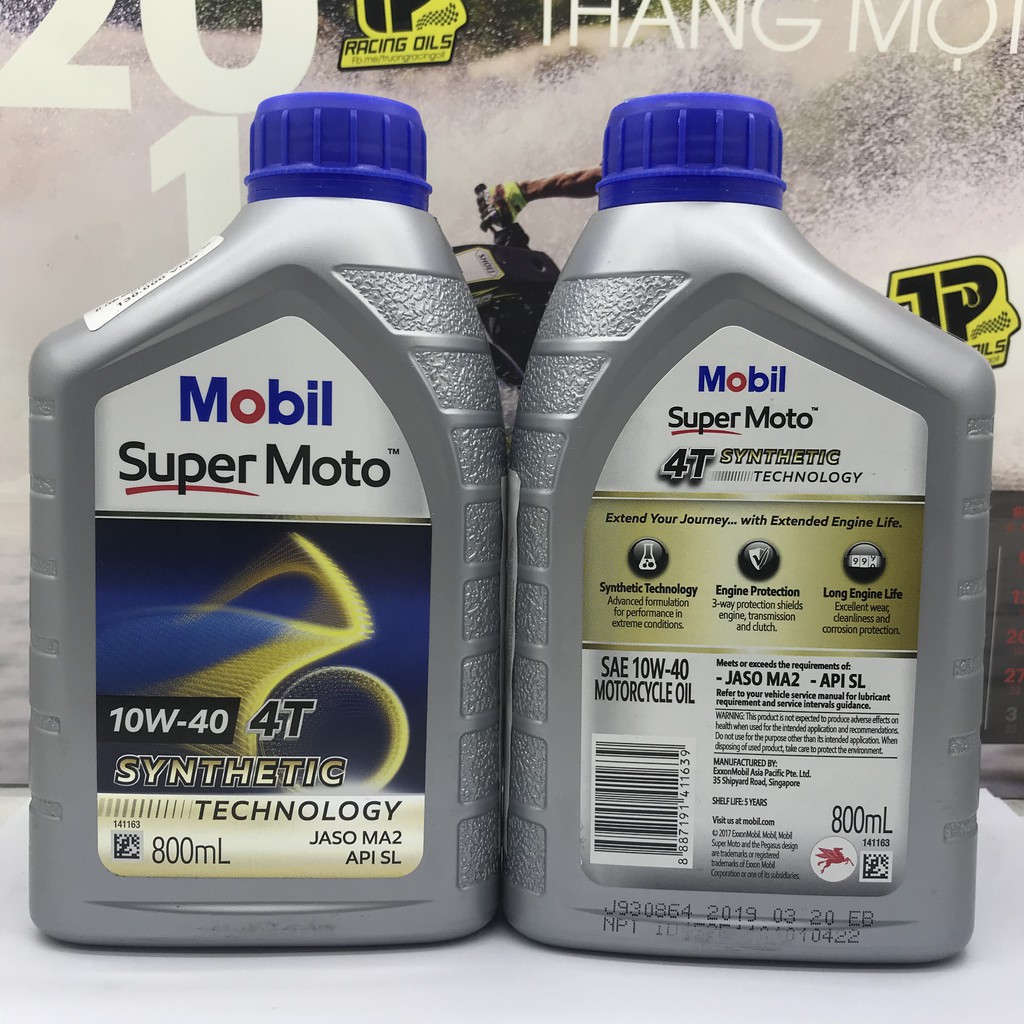 Nhớt Tổng Hợp Cho Xe Số Mobil Super Moto 4T 10W-40 800ML Made in Singapore