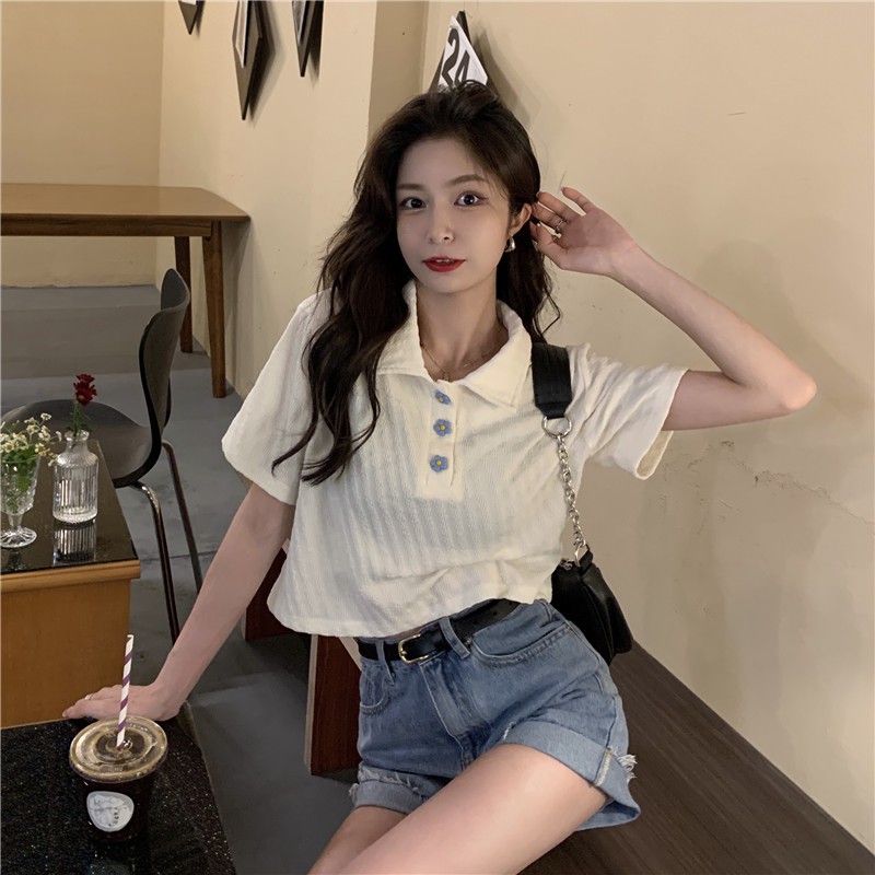 Áo sơ mi croptop Xiaozhainv đính nút phong cách Hàn Quốc thời trang xinh xắn cho nữ