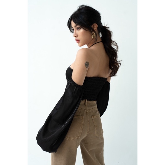 ELE Studios- Áo thiết kế nữ tông dáng lụa thuỷ tinh cao cấp màu đen tay bồng LUSTER thanh lịch, sexy