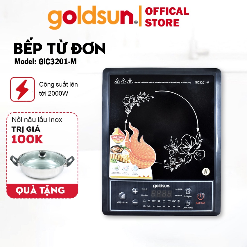 Bếp điện từ mặt kính Ceramic cường lực màn hình LED 2000W + tặng nồi lẩu inox Goldsun GIC3201-M