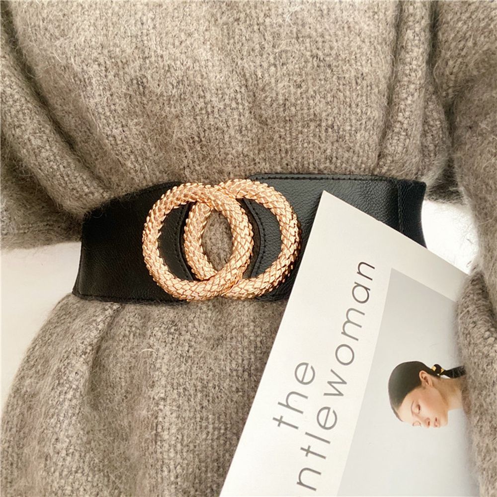 Thắt lưng da PU bản rộng phối khóa kim loại tròn phong cách cổ điển có thể điều chỉnh