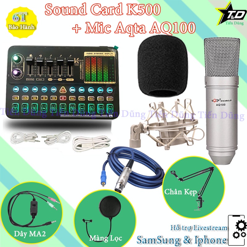 Bộ Combo Mic Livestream karaoke Aqta AQ100 và Sound Card K500 Có Bluetooth Auto-tune Đi Kèm Dây MA2 Chân Kẹp Màng Lọc