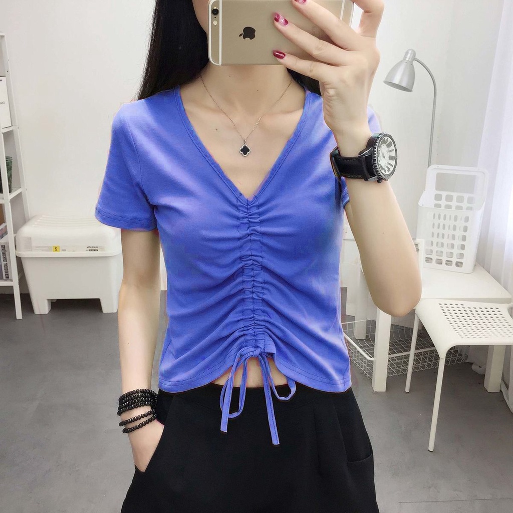 Áo Thun Ngắn Tay Cổ Chữ V Phối Dây Rút Phong Cách Hàn Quốc Thời Trang Cho Nữ Áo phông Nữ TX-150