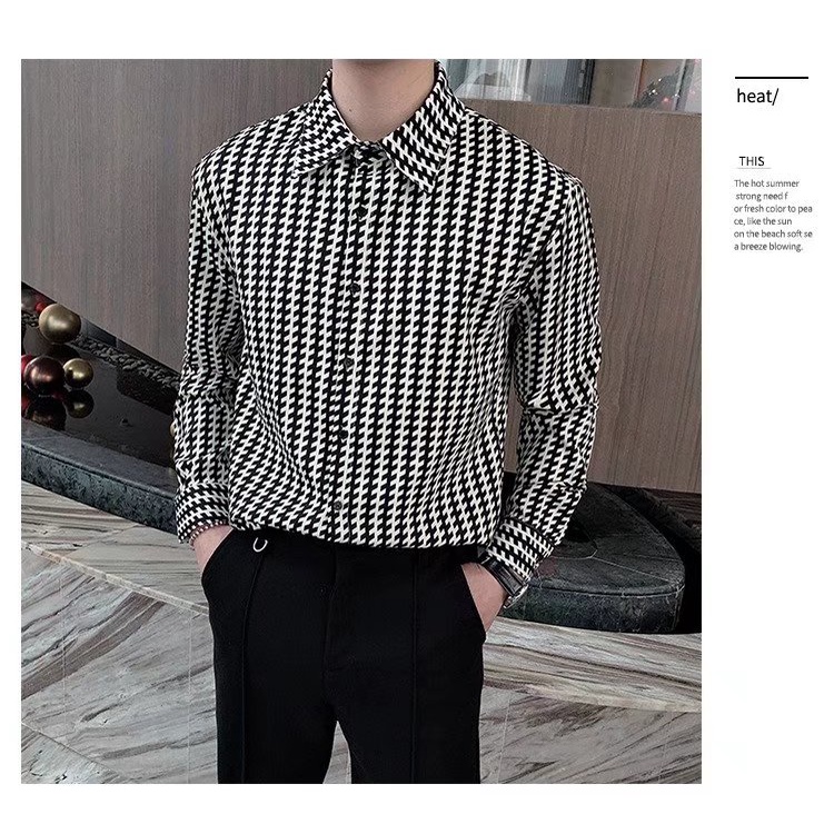 Áo Sơ Mi Nam Dài Tay Họa Tiết Caro Trắng Đen Thời Trang