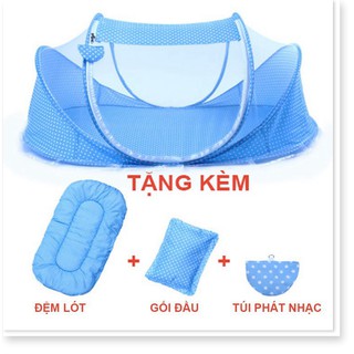 Màn, mùng, nôi chụp cho em bé có nhạc, kèm đệm lót, gối đầu