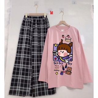 combo 7 bộ thun nữ dài tay quần kẻ ống rộng cho khách