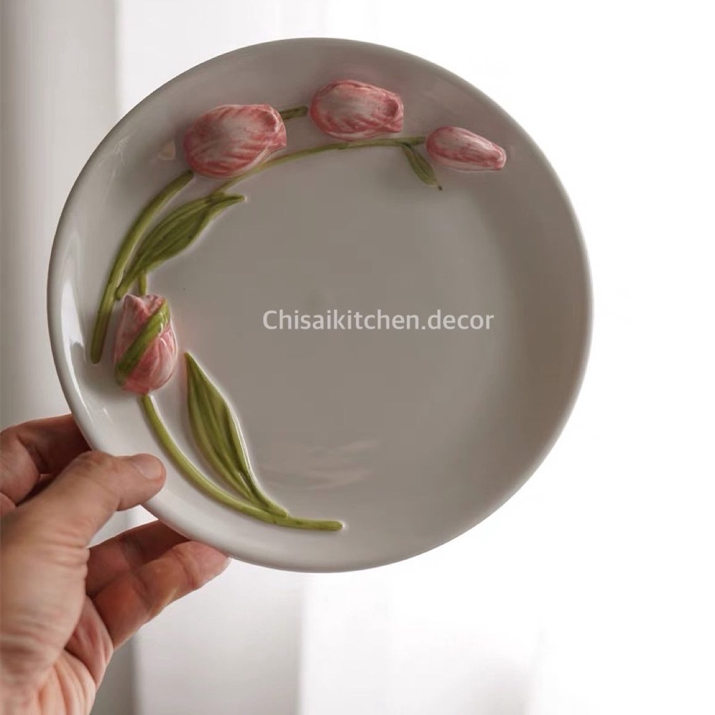Bộ bát đĩa Hoa Tulip hình nổi độc đáo, Bộ bát đĩa nhẹ nhàng, sang trọng