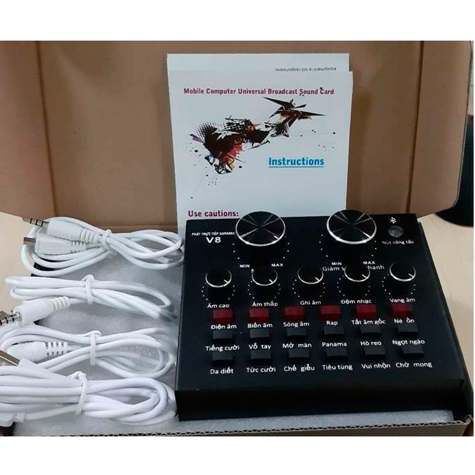 Sound card V8 có BLUETOOTH auto tune live livestream loại 1 (Mic AT100-BM 900-AQ220-S8-V8-V9-V10)