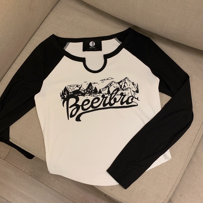 Áo thun NZN tay dài in chữ phối màu tương phản cá tính thời trang Hàn Quốc cho nữ