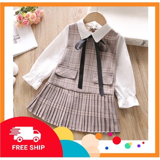 [2-8 tuổi/Hàng Cao cấp]Váy Kẻ Xếp Ly Bé Gái/ Đầm bé gái xếp ly hàng thiết kế xinh xắn sọc caro, tay dài bốn mùa