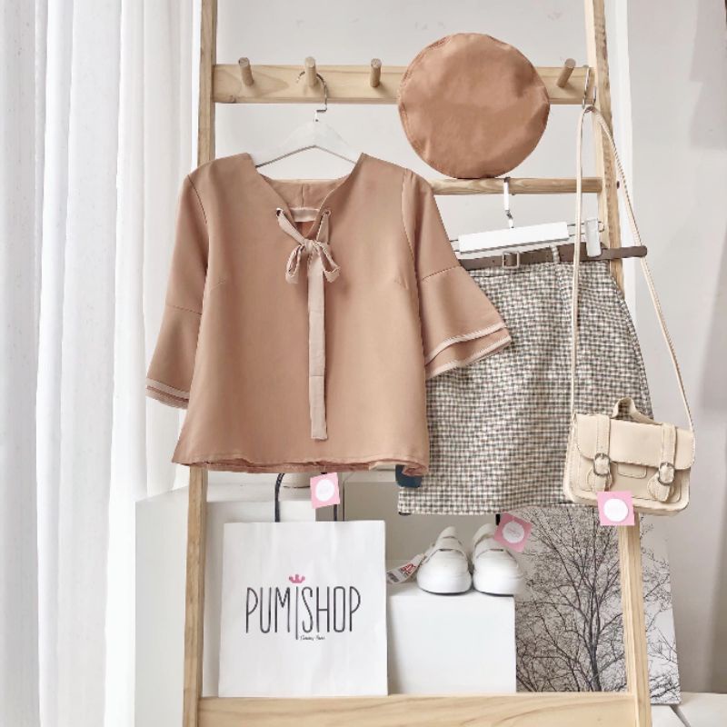 Áo kiểu nữ cột nơ trước tay loe có viền form babydoll freesize Pumi