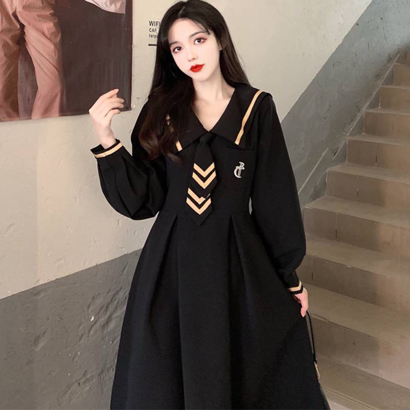 Váy babydoll đầm babydoll váy mùa đông Đầm Đen Tay Dài Dáng Rộng Cổ Thủy Thủ Phong Cách Preppy Pháp Thời Trang Mùa Thu 2021 Cho Nữ