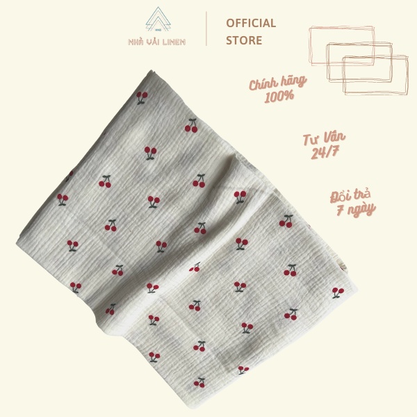 Vải Họa Tiết Xô Muslin Cherry Đỏ Nền Trắng Kem Nhà Vải Linen