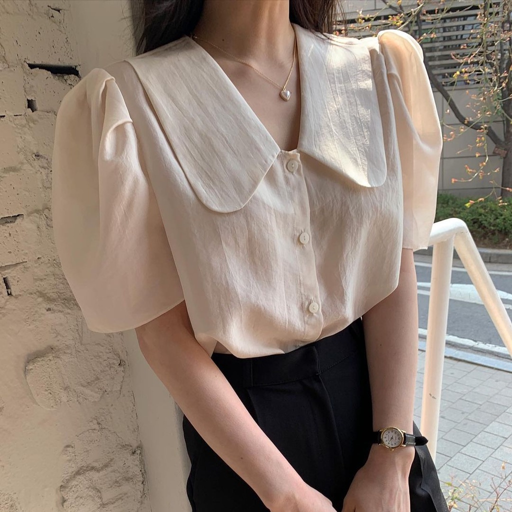 Áo Sơ Mi Tay Phồng Cổ Búp Bê Màu Trơn Dáng Rộng Dễ Phối Đồ Thời Trang Mùa Hè Cho Nữ