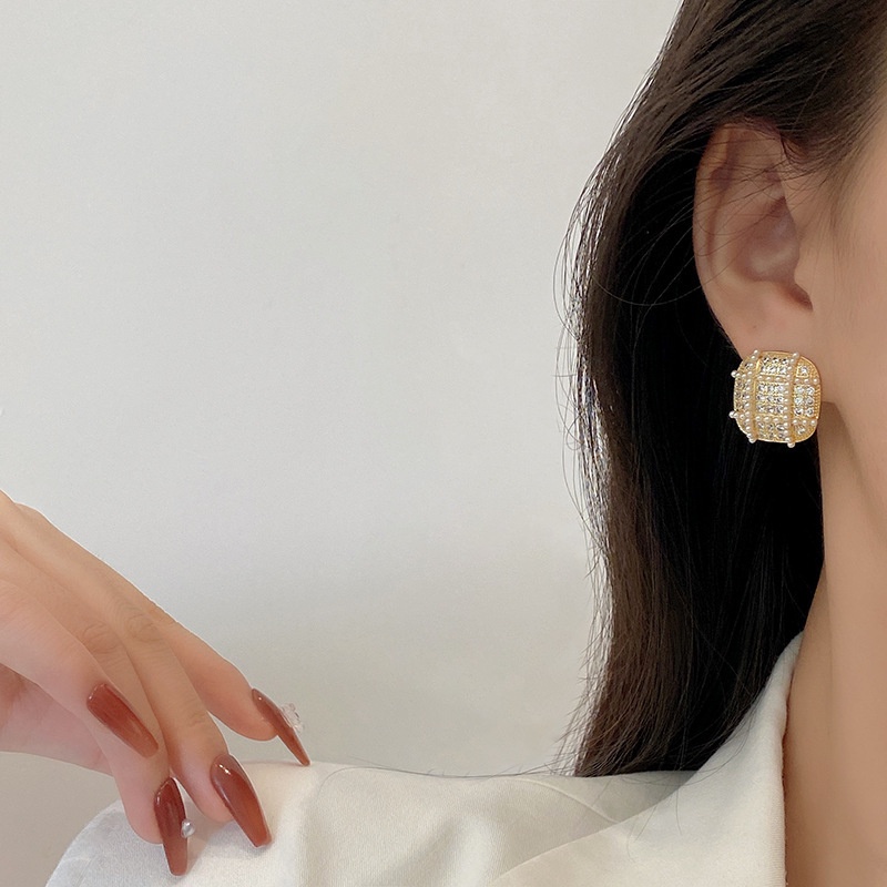 XiaoboACC Hoa Tai Kim Bạc 925 Hình Vuông Đính Ngọc Trai Zircon Phong Cách Hình Học Thời Trang Hàn Quốc