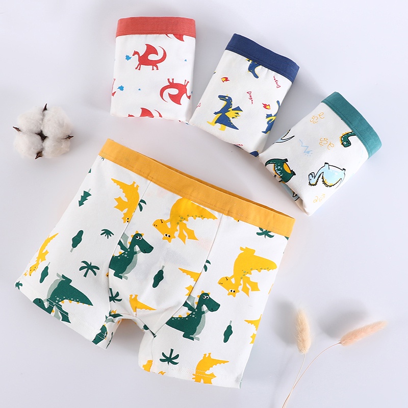 Bộ 4 Quần Lót Boxer 100% Cotton In Họa Tiết Khủng Long Hoạt Hình Thoải Mái Cho Bé Trai 1-13 Tuổi