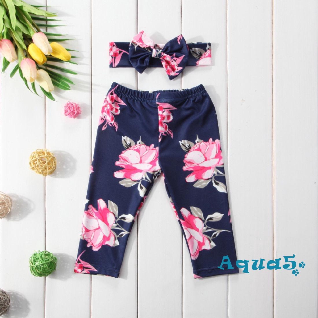 Quần legging họa tiết hoa kèm băng đô nơ xinh xắn dành cho bé gái