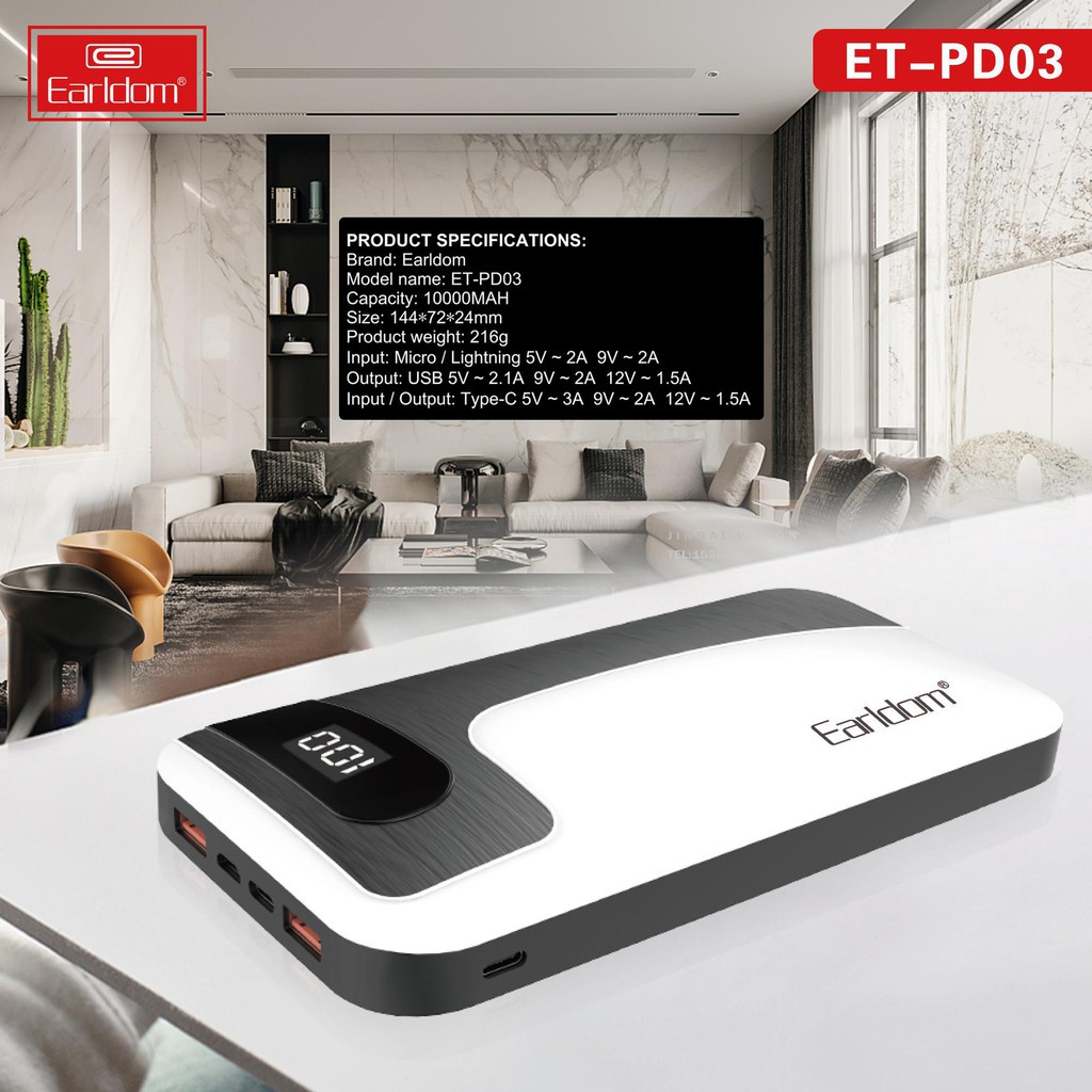 Sạc Dự Phòng 10000mAh Earldom PD03 Hỗ Trợ Sạc Nhanh