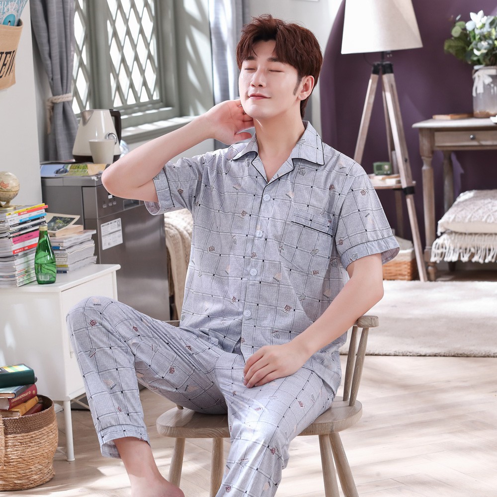 Bộ đồ ngủ nam kẻ sọc ngắn tay hoạt hình bằng vải cotton phục vụ tại nhà | BigBuy360 - bigbuy360.vn