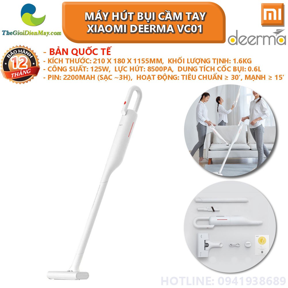 [Bản quốc tế] Máy hút bụi cầm tay Xiaomi Deerma VC01 lực hút 8500PA, 1kg, hút liên tục 30 phút - Bảo hành 12 tháng