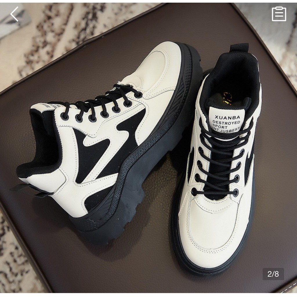 [Hàng có sẵn] Giày Boot Nữ Cổ Cao,  Phối Màu Đen Trắng, Độn Đế 3cm, Giày Da PU, Phong Cách Hàn Quốc, Hot Trend 2021-A1K2