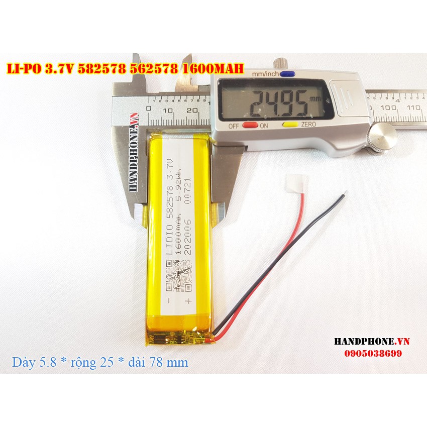 Pin Li-Po 3.7V 1600mAh 582578 602580 (Lithium Polymer) cho loa Bluetooth, Camera Hành Trình, Thiết bị Y Tế, bàn phím