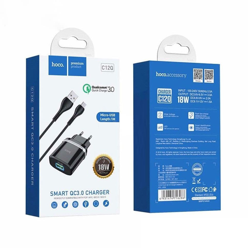 Bộ Sạc Hoco C12Q Sạc Nhanh 18W Cho Micro Qualcomm 3.0 Giúp Sạc Nhanh Tiện Lợi An Toàn Cho Pin