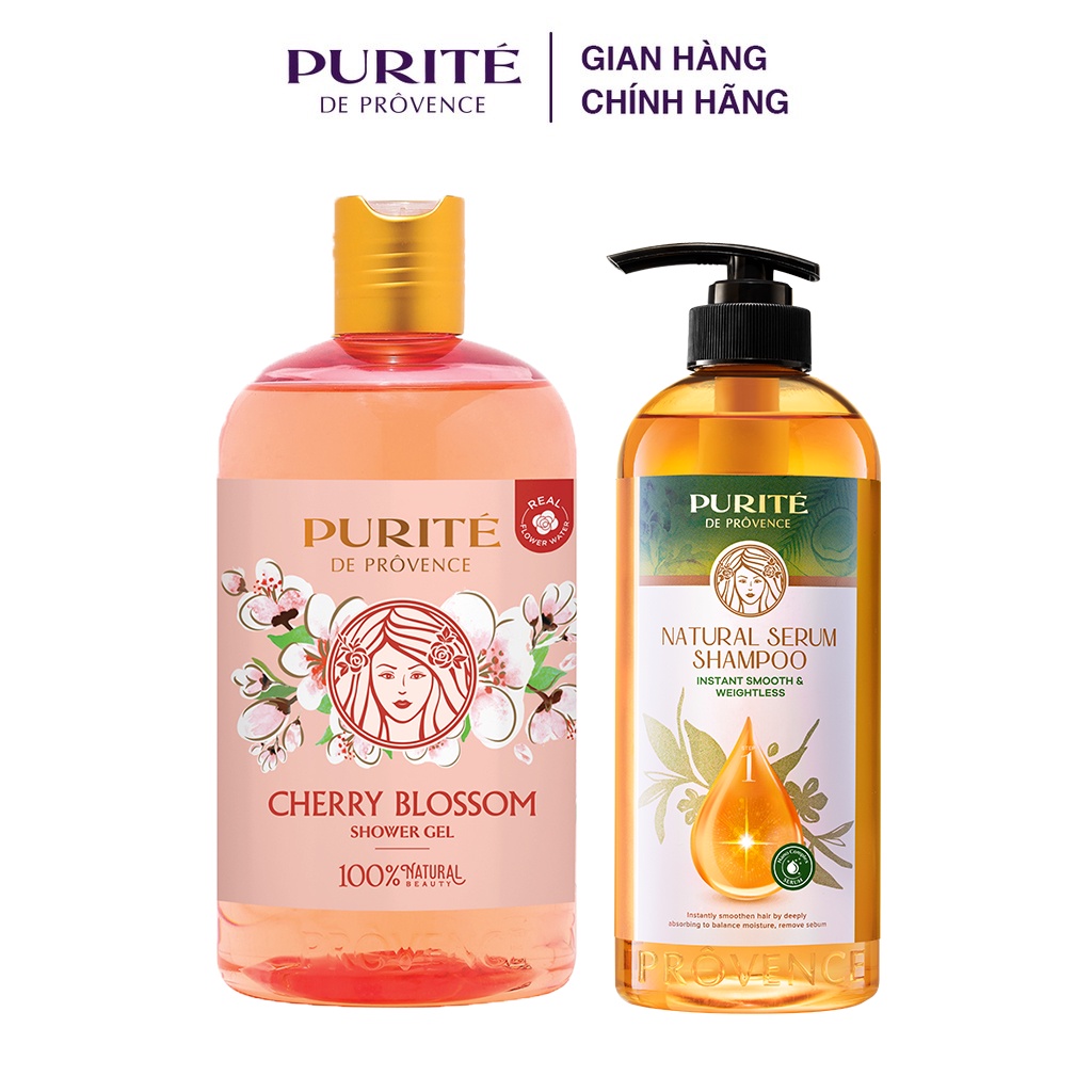 Combo Sữa Tắm Thiên Nhiên Purité Hoa Anh Đào 500ml + Dầu gội Purité serum thiên nhiên không bết dầu 620ml