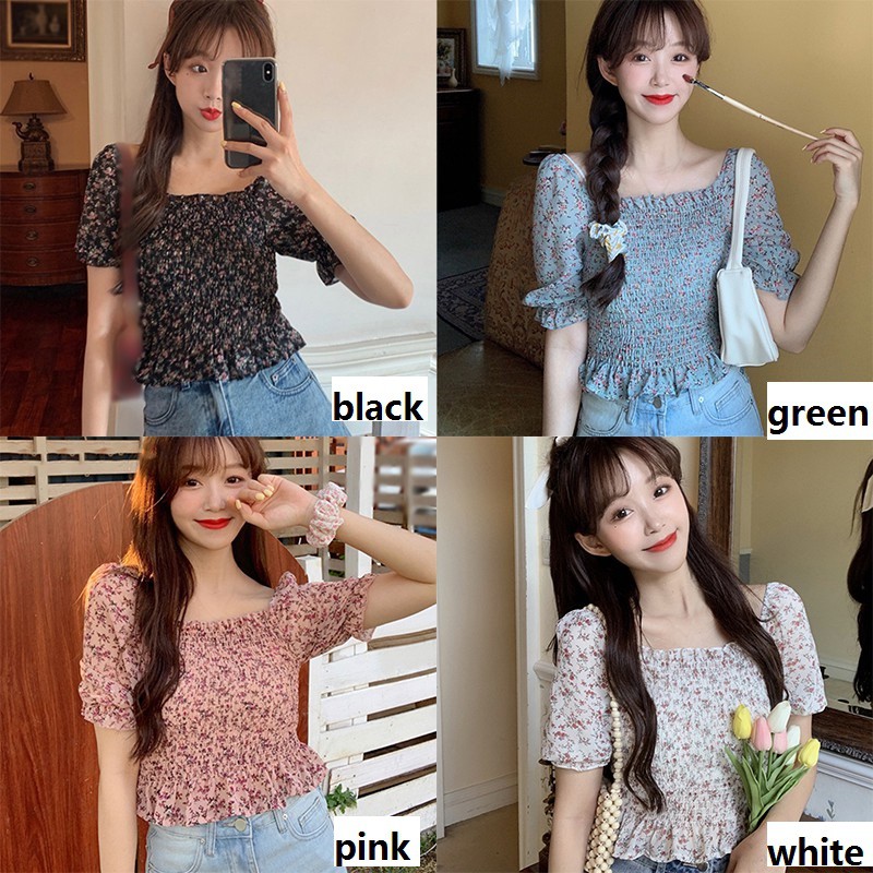 Áo Chiffon Tay Ngắn Cổ Vuông In Họa Tiết Hoa Xinh Xắn Cho Nữ