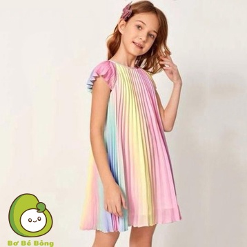 Váy Áo Cầu Vồng Dập Ly 2 Lớp Lót Cotton Bé Gái, Bơ Bé Bỏng
