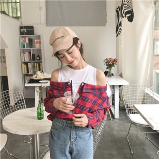 Sơ mi trễ vai phối caro/ Sơ mi điệu caro