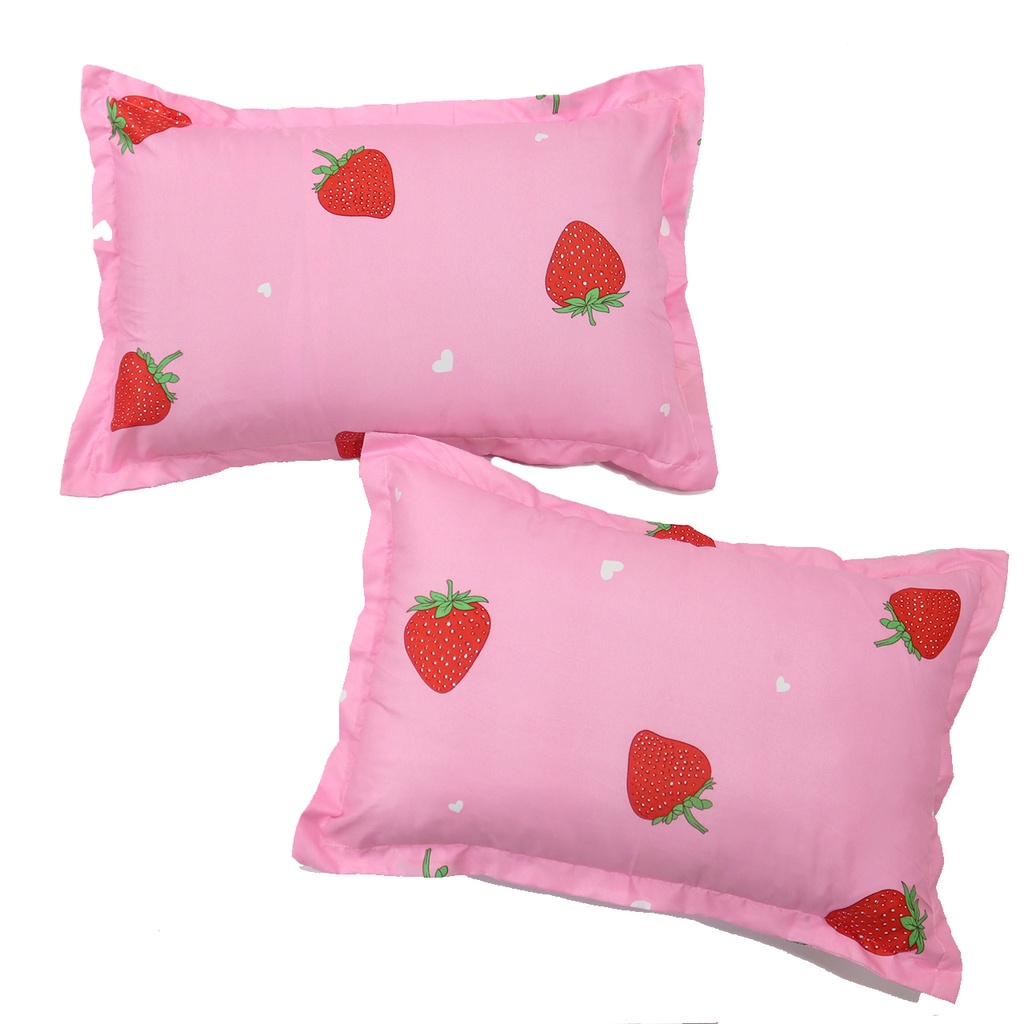 Bộ Ga Gối Poly Cotton Felicia 3 Món Mẫu Dâu Hồng Nhật m2/m6/m8/2m2, Drap Bo Chun + 2 Vỏ Gối Poly Cotton