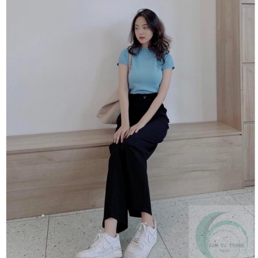Quần tây ống rộng lưng cao nữ đi học màu đen khóa kéo trước dáng suông dài- Quần vải nữ ống rộng công sở cạp cao vải mềm