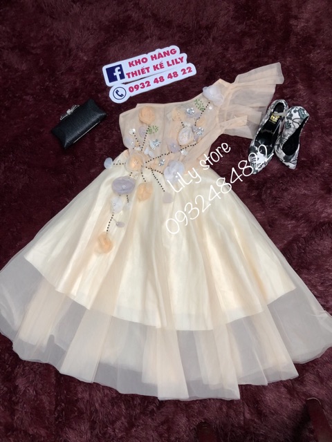 ẢNH VÀ VIDEO THẬT 10000%     Đầm xoè lệch vai hoa nổi kết cườm sang trong