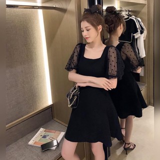 Đầm cát hàn cổ vuông phối tay lưới khoét lưng sâu tiểu thư TTSA0462
