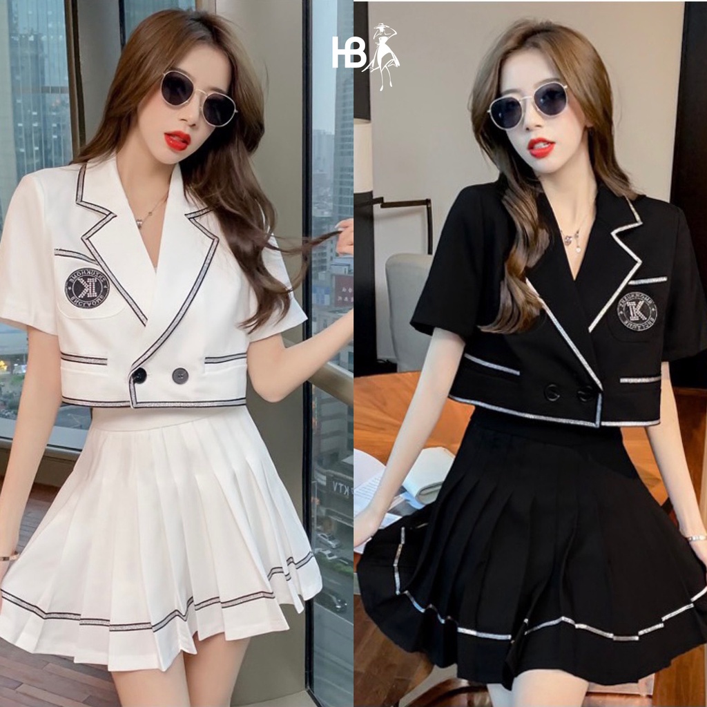 Set áo vest mix chân váy xếp ly HB thiết kế logo viền đủ size S061 | BigBuy360 - bigbuy360.vn