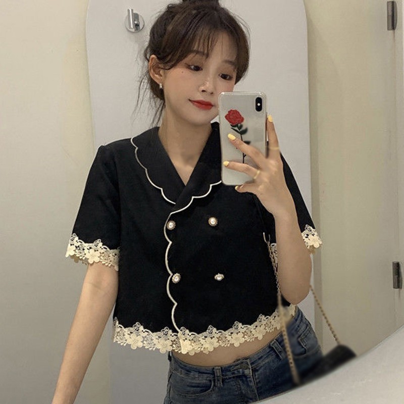 Áo Sơ Mi Cổ Bẻ Phối Ren Xinh Xắn Cho Nữ