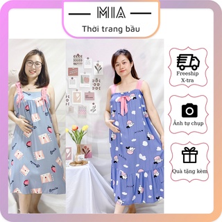Váy lanh bầu mặc nhà, váy lanh 2 dây bản to thắt nơ xinh xắn Freesize đến 80kg