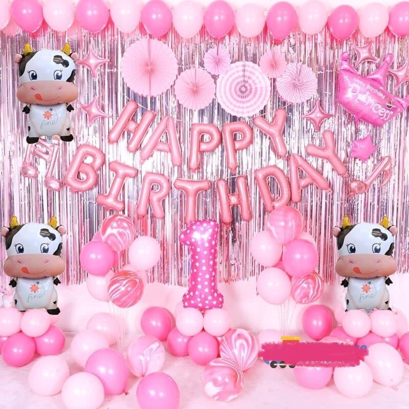 Set bóng trang trí sinh nhật tuổi trâu 1 tuổi trâu vàng,trâu hồng,bò sữa bóng bay