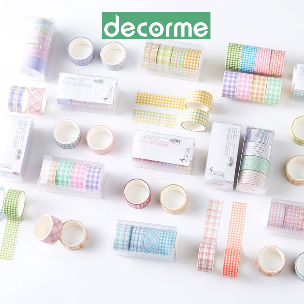 Washi tape Kẻ caro Agugu Hộp 4 cuộn Decorme Băng dính washi kẻ caro nhiều màu 2cm trang trí sổ bullet journal