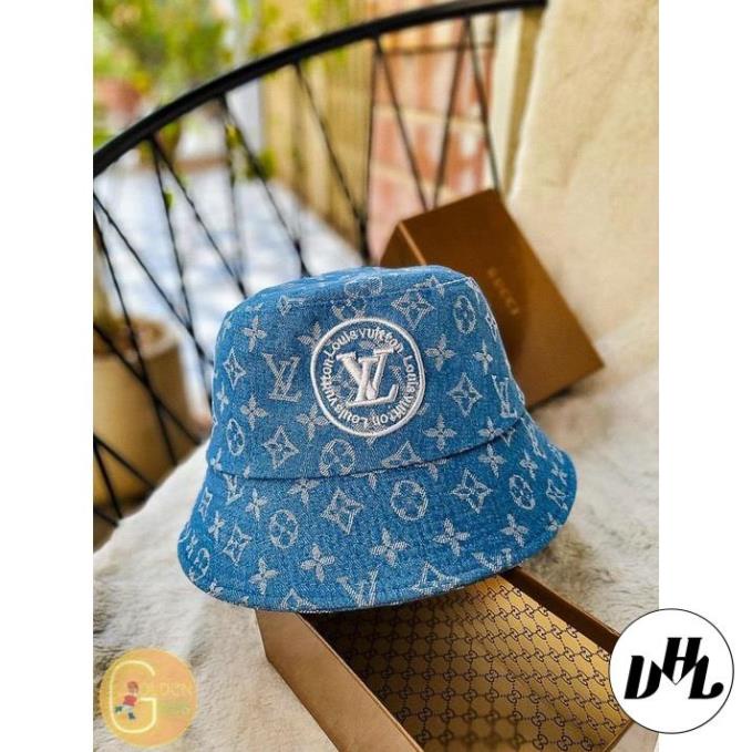 (Hàng VNXK) Nón thời trang, mũ Bucket vành tròn LV VÁ DA vải JEAN nhập thời trang (ẢNH THẬT)