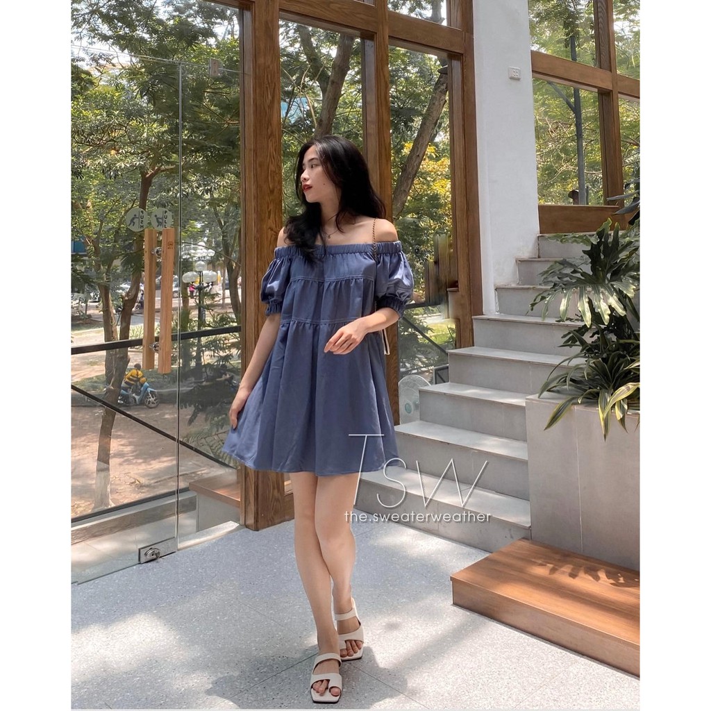 Đầm Babydoll Trễ Vai Viền Nổi - Váy suông dáng ngắn bo chun tay bồng style basic, thiết kế tiểu thư bánh bèo Ulzzang