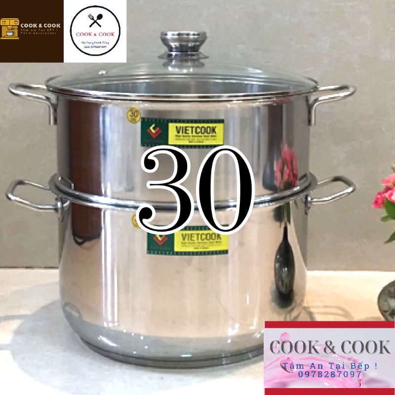 [CHÍNH HÃNG] Bộ xửng hấp inox size 30 Vietcook (nồi 13 lít) đáy từ, Chõ hấp, đồ xôi inox 5 đến 7 kg gạo