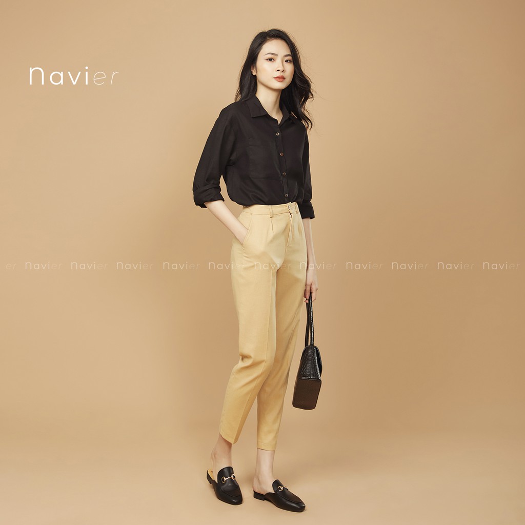 QUẦN BAGGY VẢI NỮ CẠP CAO CÔNG SỞ ĐŨI LINEN PANTS MÀU ĐEN BE NÂU PASTEL Q02 NAVIER | BigBuy360 - bigbuy360.vn