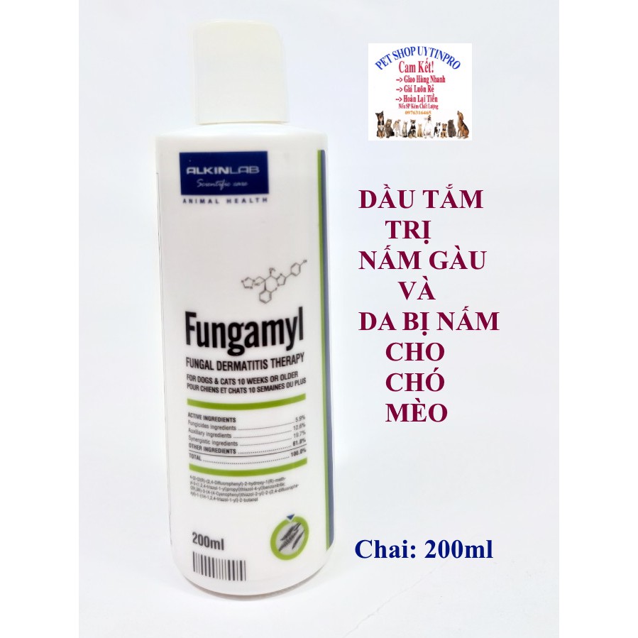 DẦU TẮM TRỊ NẤM GÀU CHO CHÓ MÈO THÚ CƯNG Alkinlab Fungamyl Chai 200ml Xuất xứ Anh Quốc