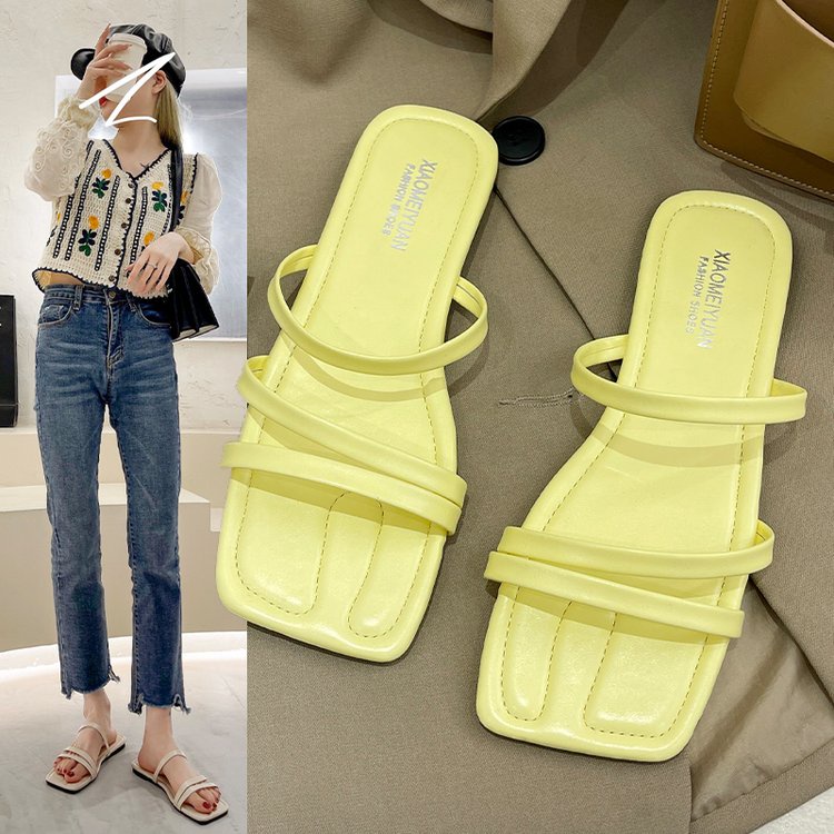 Fashionable SquareUlzzang Comfortable Flat Belt Slippers Sandal