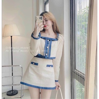 Set áo crop nữ viền xanh nơ cổ chân váy dạ khoe dáng cá tính